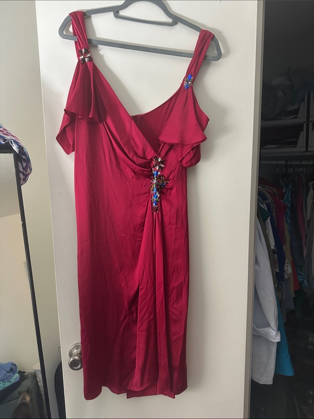 Moschino Silk Red Midi Dress with Jeweled Accents